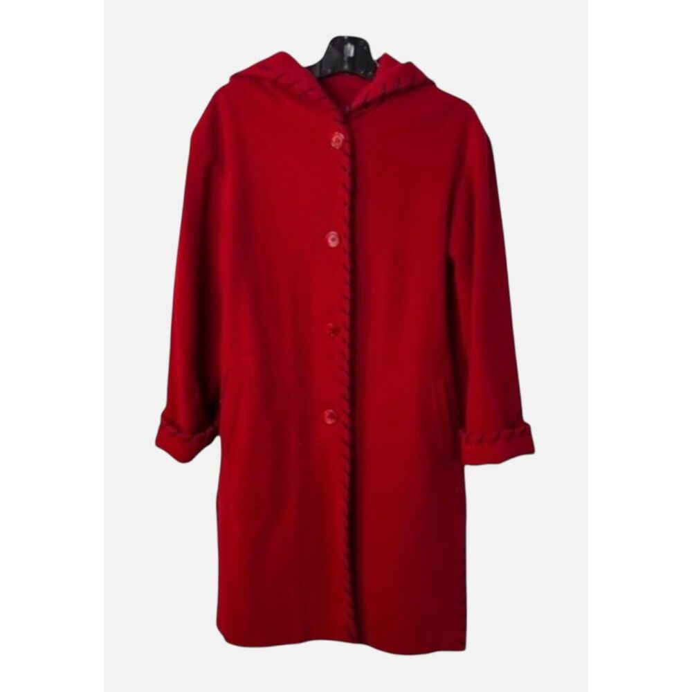 Marvin Richards Red Wool Hooded Long Coat Black Whipstitch Vintage Womens Size S